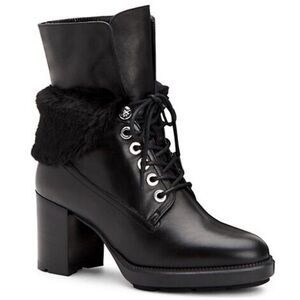 Aquatalia Idris Black Lace-Up Fur-Cuff Block Heel Ankle Booties